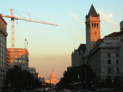 910 Capitol Bldg from Freedom Plaza sunset